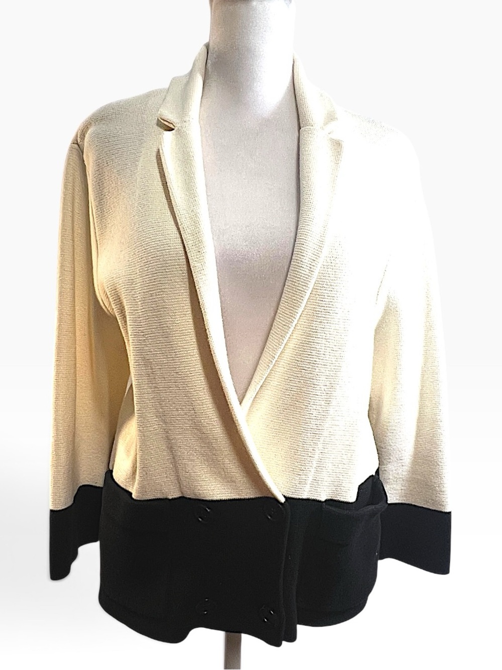 LOFT black ivory double breasted knit blazer-like Cardigan with pockets SZ L